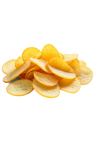 Crunchy potato chips, scattered, solo, golden yellow, thin slices, curved shape, salty seasoning, transparent background, close-up, shallow depth of field, warm lighting, high contrast.,dried lemon sl