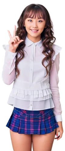 Kek Pic, Japanese idol, cute smile, sparkly eyes, curly brown hair, fringe bangs, colorful makeup, sweet outfit, white blouse, plaid skirt, knee-high socks, Mary Jane shoes, holding microphone, standi