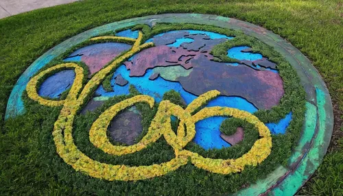 Craft a nostalgic Walt Disney World logo with a touch of enchantment,yard art,yard globe,olympic symbol,globe flower,chalk drawing,garden decoration,mother earth,environmental art,garden logo,earth da