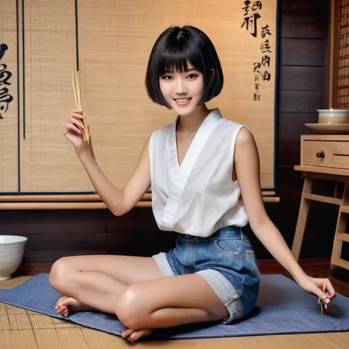 Japanese girl, bowl cut hair, young (18yo), cute face, gentle smile, bright brown eyes, natural makeup, casual wear, white sleeveless shirt, denim shorts, bare feet, sitting cross-legged, Japanese-sty