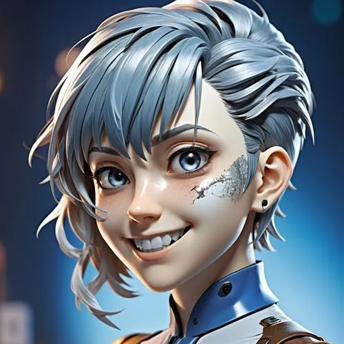 all rendered in 3d, anime style head, with punk haircut with side shave, with exposed ears and a big smile, futuristic suit,a android young woman with white hair and black eyes,franziska,marmora,liara