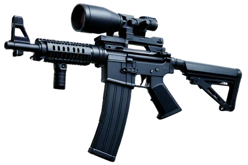 Assault rifle, metallic body, intricate details, reflective surface, magazine attached, grip handle, trigger finger rest, scope on top, muzzle flash, smoke effect, loud firing sound, recoil movement, 