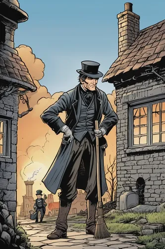 chimney sweeper,chimney sweep,town crier,gunfighter,frock coat,pilgrim,quarterstaff,apothecary,blacksmith,stovepipe hat,bellboy,deadwood,athos,peddler,lamplighter,sherlock holmes,david bates,fiddler,the victorian era,clockmaker,Illustration,American Style,American Style 13