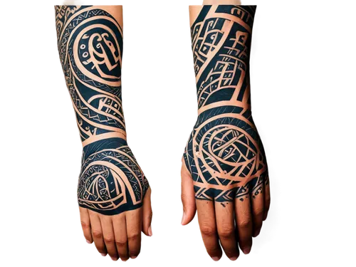 Maori-inspired tattoo, Polynesian warrior, strong muscular arm, intricate patterns, black ink, bold lines, geometric shapes, spirals, curved motifs, detailed fingers, clenched fist, 3/4 composition, d