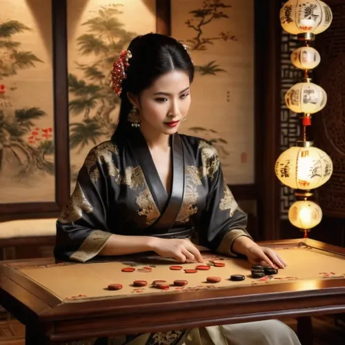 A beautiful room, decorated in an oriental style, in the middle of the table a go board and on the other side of the board a beautiful oriental woman,a woman in a geisha dress playing domino board gam