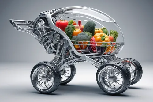 Design a shopping cart for groceries and household essentials.,shopping cart vegetables,fruit car,vegetable basket,baby carriage,grocery basket,grocery cart,cart with products,bicycle basket,blue push