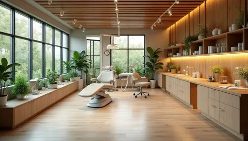 Eco-friendly dental clinic, natural wood accents, reclaimed wooden furniture, low-VOC paints, recycled metal equipment, energy-efficient LED lighting, solar panels, green roofs, living walls, air-puri