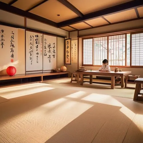 Traditional Japanese style classroom, Tatami mat flooring, Shoji sliding doors, natural light pouring in, warm wooden accents, minimalist decor, low seating tables, paper lanterns hanging from ceiling