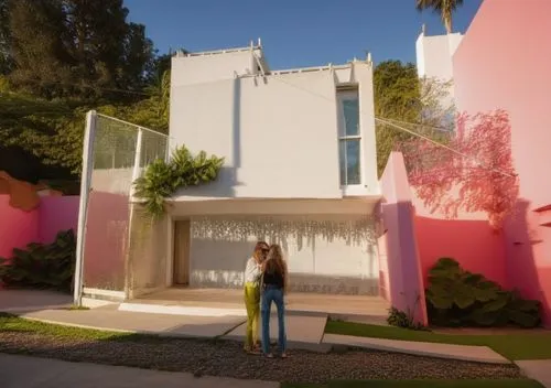 Diseño de casa estilo mínimalista, USANDO MUROS BLANCOS, CON UN ELEMENTO EN COLOR ROSA MEXICANO, fusionando elementos de la arquitectura del arquitecto Luis barragan, ubicada en un ambiente urbano con