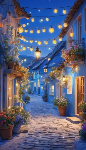 medieval street,alpine village,french digital background,medieval town,zermatt,aurora village,mountain village,spa town,oktoberfest background,lanterns,france,knight village,old town,the cobbled streets,europe,summer evening,hydrangeas,italy,cobblestone,escher village,Illustration,Japanese style,Japanese Style 19