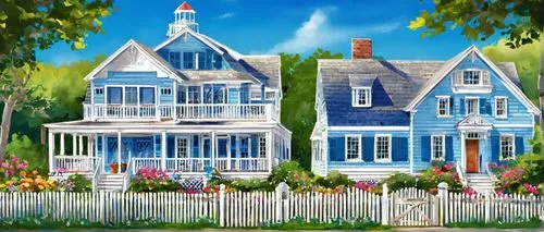 Cape Cod style architecture, white wooden house, blue shutters, weathered roof, dormer windows, picket fence, lush green grass, colorful flowers, ocean view, sandy beach, clear blue sky, warm sunlight