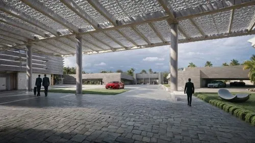 caravanserai,3d rendering,parking lot under construction,courtyard,school design,qasr azraq,new housing development,archidaily,inside courtyard,pergola,folding roof,daylighting,render,eco hotel,prefabricated buildings,car showroom,eco-construction,garden buildings,solar cell base,transport hub