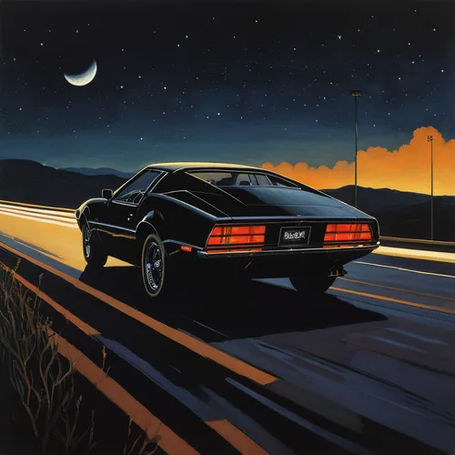 Describe a luxurious black sports car speeding down an empty highway at night.,night highway,delorean dmc-12,countach,oldsmobile toronado,lamborghini countach,muscle car cartoon,pontiac grand prix,nig