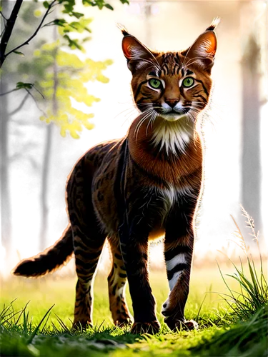 Wild cat, solitary, morning mist, green forest, tall grass, alert ears, whiskers, brown fur, sharp claws, muscular legs, agile body, hunting pose, low angle shot, warm sunlight filtering through trees