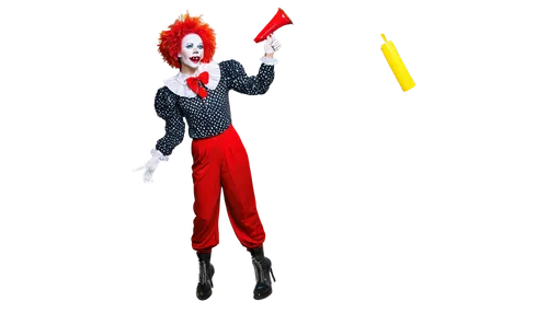 crazy clown, colorful wig, red nose, white face paint, exaggerated eyebrows, bright red lipstick, oversized clothing, baggy pants, ruffled collar, pointed shoes, holding a squirt gun, maniacal laughte