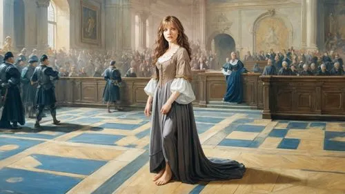 classicism painting: (female defendant, long dress, barefoot), inside 17th century courtroom,girl in a long dress,struzan,melania,donsky,margaery,benowitz,courchesne,mcnaughton,noblewoman,justitia,dub