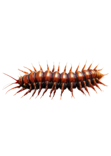 Centipede, many legs, segmented body, brown color, shiny exoskeleton, compound eyes, long antennae, curled up posture, detailed texture, soft focus, close-up shot, natural light, warm colors, macro ph