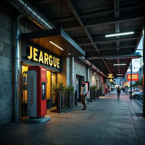 Rugged brutalist charging station, industrial concrete walls, exposed ductwork, metallic accents, bold typography, vibrant neon signs, urban cityscape, busy streets, nighttime atmosphere, softbox ligh