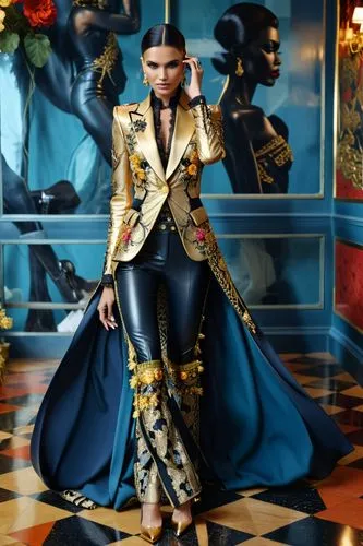 Fashion show ,a model poses for a fashion shoot wearing a gold and black suit,matador,imperial coat,kingly,galliano,maharaja,princely,Photography,General,Realistic