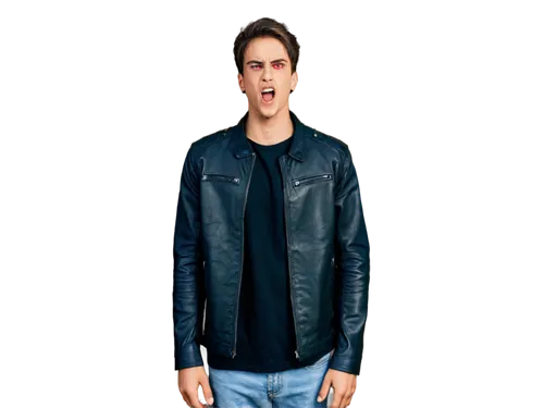 Angry young man, shouting, messy brown hair, sweat on forehead, red eyes, casual wear, torn jeans, black leather jacket, standing, one hand on hip, aggressive posture, urban setting, warm color tone, 