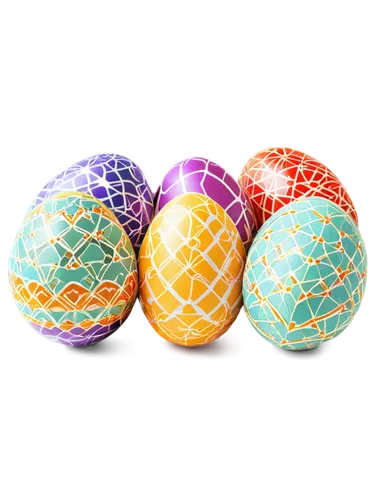 Colorful Easter eggs, decorated with patterns, solo, basket filled, shiny surface, reflective light, 3/4 composition, soft focus, pastel colors, warm lighting, HD details, transparent background.,an a