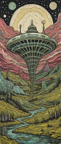 alien planet,ufo,extraterrestrial life,ufos,space ship,alien ship,flying saucer,alien world,spaceship space,trip computer,futuristic landscape,psychedelic art,science fiction,sci fi,mushroom landscape,spaceships,space ships,temples,saucer,extraterrestrial,Art,Artistic Painting,Artistic Painting 07