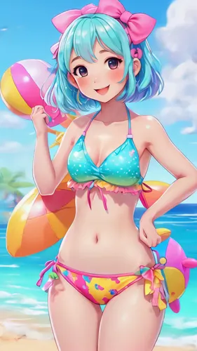 candy island girl,summer background,beach background,tiki,bahama mom,aqua,aloha,maya,kawaii people swimming,watermelon background,summer items,luau,mai tai,hatsune miku,beach scenery,summer icons,ocean background,blue hawaii,honolulu,one-piece swimsuit,Illustration,Japanese style,Japanese Style 02