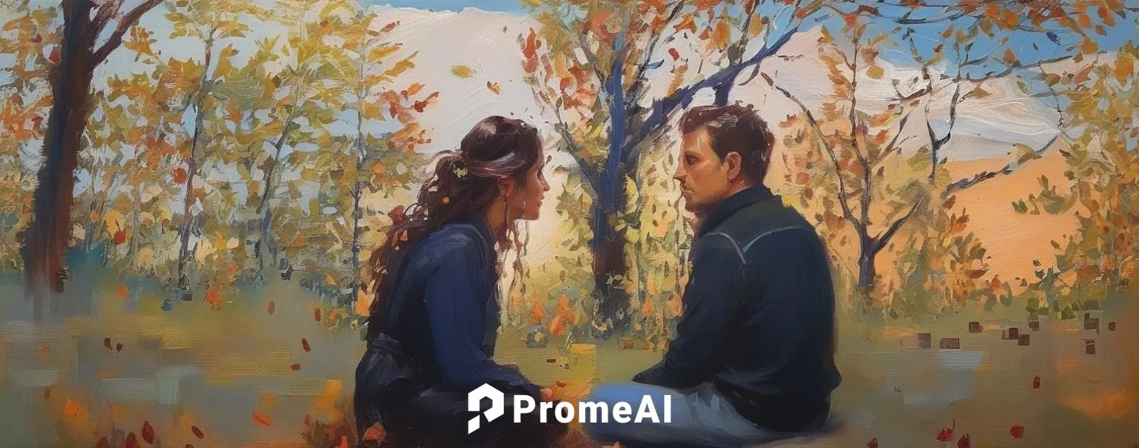 young couple,oil painting,oil painting on canvas,oil on canvas,autumn idyll,loving couple sunrise,two people,girl and boy outdoor,romantic portrait,one autumn afternoon,autumn in the park,autumn walk,