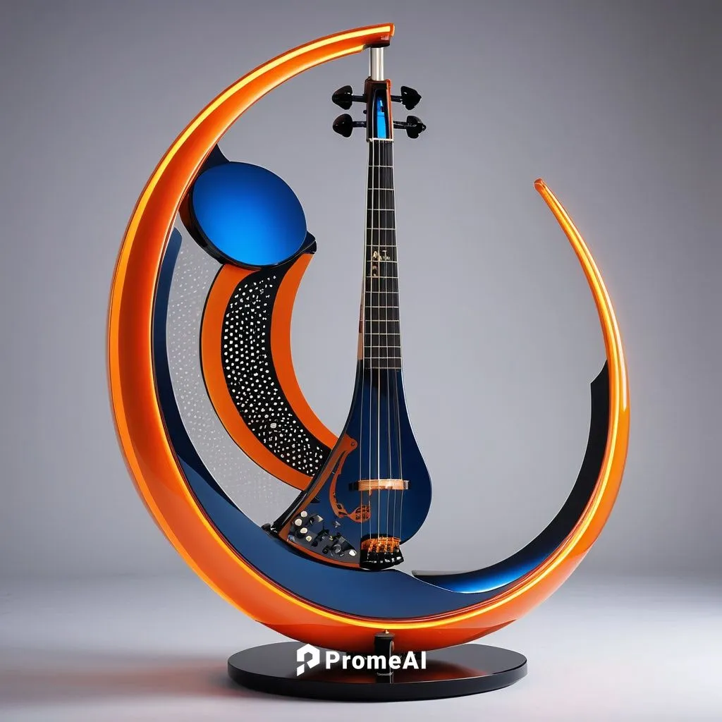 A futuristic high-tech crescent-shaped radically designed three-dimensional musical instrument with combined elements of 30% Erhu, 40% banjo and 30% musical keyboard, two digital readout screens and i