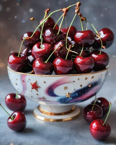 Lana Okiro, Cherries in Porcelain Bowl,cherries in a bowl,jewish cherries,bubble cherries,sweet cherries,cherries,sour cherries,heart cherries,currant decorative,currant cake,chokecherry,blackcurrants