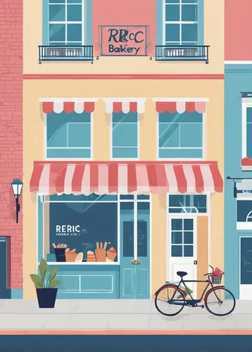 Create a romantic comedy set in a small town where two rival businesses, 'Redrc Bakery' and 'Bluefield Cafe', compete for customers' attention.,bike land,store fronts,rc,bike colors,city bike,backgrou