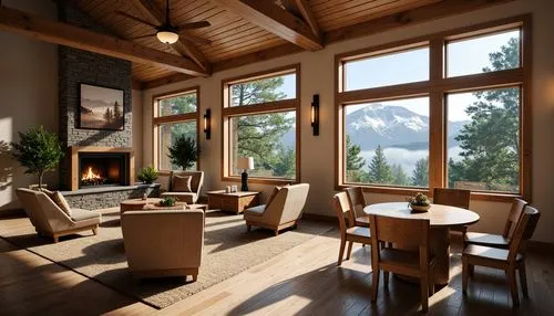 sunroom,chalet,alpine style,the cabin in the mountains,house in the mountains,luxury home interior,fire place,breakfast room,house in mountains,fireplaces,wooden windows,beautiful home,family room,interior modern design,summer cottage,living room,wood window,mountain hut,log home,wooden beams