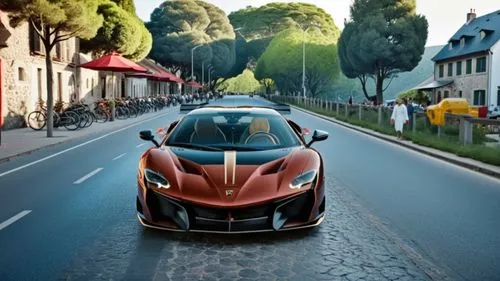 a red sports car parked in the middle of the road,laf,scuderia,gumpert,speciale,mastretta,3d car wallpaper,Photography,General,Realistic