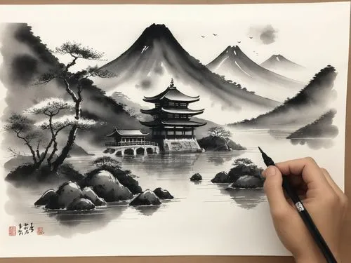 a person's hand holding a black ink brush over a painting of a pagoda and mountains,oriental painting,mengzi,world digital painting,watercolor background,shaoming,japanese art,Illustration,Paper based