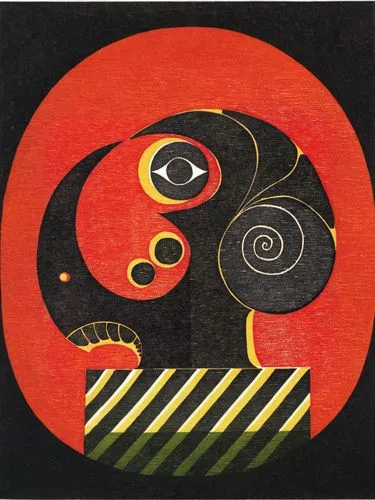 Woodcut by Manfred Degenhardt, Germany,a stylized drawing in orange and black,kalighat,sankofa,mingei,mahakala,indigenous painting,aboriginal painting