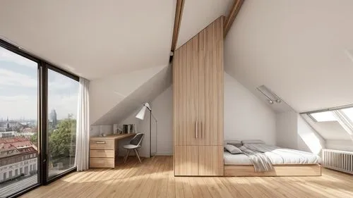 wooden floors, window looking over prague skyline, Salvatorska street, historic center, church, balcony, interior bedroom, skylight window on sloped roof, plants,  person on the phone, lamp,modern roo