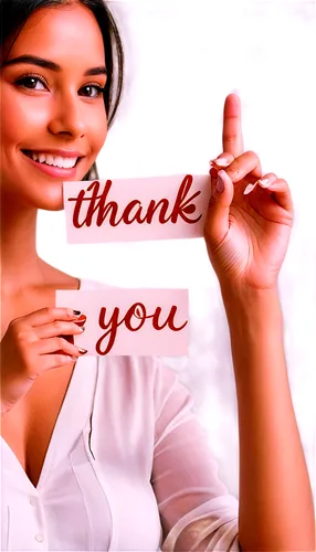 Hand holding sign, "Thank You", cursive font, golden text, white background, soft focus, shallow depth of field, warm lighting, gentle smile, feminine hand, manicured nails, ring on finger, 3/4 compos