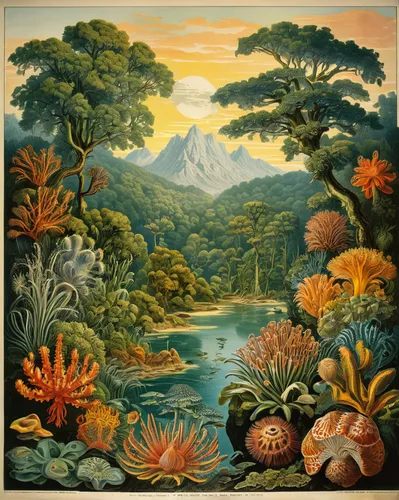 pachamama,river landscape,chiapas,mountain scene,khokhloma painting,dominica,central america,amazonian oils,tropical bloom,mountainous landscape,guanabá real,honduras lempira,brook landscape,robert duncanson,mountain landscape,botanical frame,agua de valencia,el salvador,nicaragua,exotic plants,Illustration,Retro,Retro 24