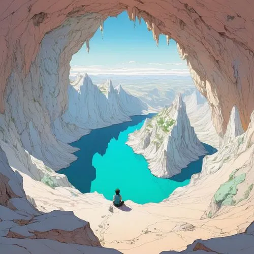 ice cave,hosoda,blue cave,blue caves,the blue caves,mountain world,chomet,heaven lake,alfheim,couloir,crevasse,cave on the water,cave,katara,canyon,kamuy,bolin,overwater,badland,flcl,Illustration,Paper based,Paper Based 19