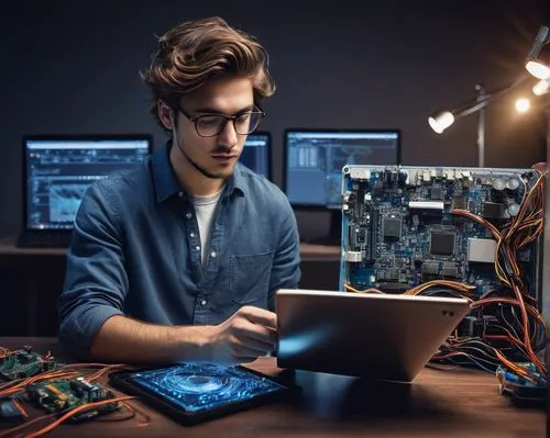 Computer science student, male, 20s, casual wear, blue shirt, jeans, sneakers, messy brown hair, glasses, holding a tablet, designing digital circuitry, complex diagrams, wires, microchips, CPU archit