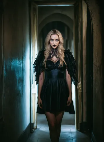 gothic dress,dark angel,gothic fashion,havana brown,femme fatale,dress walk black,black coat,gothic woman,hallway,black dress with a slit,black angel,gothic portrait,black dress,vampire woman,lycia,dark gothic mood,fashion shoot,social,gothic style,in a black dress