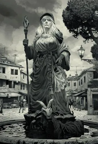 A black and white painting of a witch statue on the street,manjushri,vajradhara,ksitigarbha,nembutsu,kannon,tulku,Art sketch,Art sketch,Comic