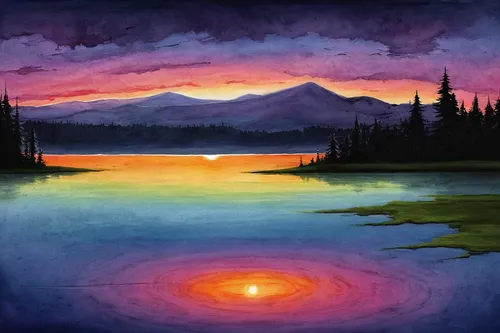 Describe a serene summer sunset over a calm lake.,vermilion lakes,trillium lake,rainier,volcanic lake,crater lake,stratovolcano,incredible sunset over the lake,mountain sunrise,salt meadow landscape,e