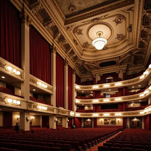 Grandiose theater facade, ornate Baroque details, sweeping curved lines, majestic columns, intricately carved stonework, rich velvet drapes, golden filigree accents, grand staircases, crystal chandeli