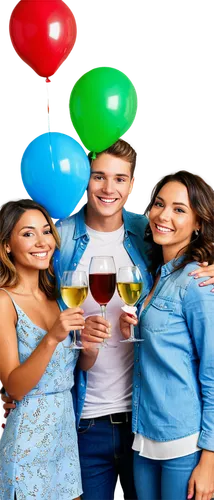 Group of friends, party atmosphere, colorful decorations, balloons, confetti, champagne bottles, wine glasses, laughter, smiling faces, casual outfits, jeans, t-shirts, dresses, high heels, messy hair