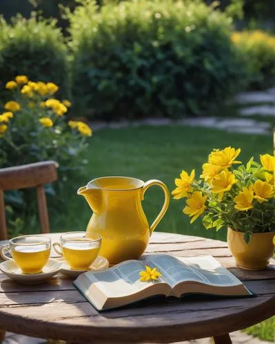 tea and books,garden breakfast,yellow garden,goldenrod tea,yellow cups,teacup arrangement,garden bench,coffee and books,outdoor furniture,yellow daylilies,summer still-life,outdoor table and chairs,cup and saucer,phytotherapy,breakfast outside,watering can,garden furniture,bloomgarden,the garden marigold,alfresco,Photography,General,Commercial