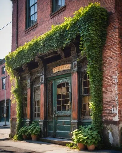 Portland, Maine, Architectural Salvage store exterior, old brick building, wooden sign, rusty metal roof, distressed wooden doors, vintage windows, antique doorknobs, ornate ironwork, ivy climbing wal