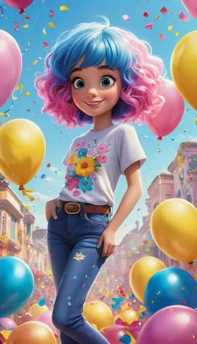 Toon-style Disney Pixar character, cartoonish proportions, big round eyes, smiling face, colorful hair (blue, pink, yellow), casual clothing (t-shirt, jeans), standing pose, dynamic movement, sparkles