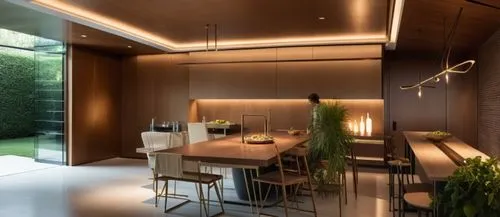 INTERIOR DE UN COMEDOR CON UNA ISLA CON ESTUFA TERMOMAGNETICA, CON UN GRAN VENTANAL A UN JARDIN EXUBERANTE, LUMINARIAS MODERNAS, PERSONAS,a dining room table and chairs, some with plants,modern kitche