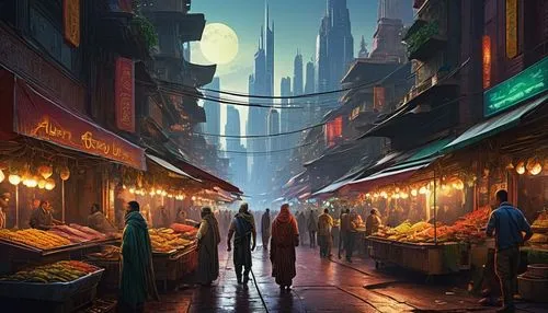 sci fiction illustration,souk,grand bazaar,coruscant,the market,souks,merchants,theed,world digital painting,souq,shadowrun,fantasy city,bazars,market,bazaar,citadels,johmkt,narrow street,varsavsky,cyberpunk,Art,Classical Oil Painting,Classical Oil Painting 13